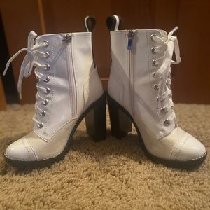 BCBG Lightly used white patent leather boots